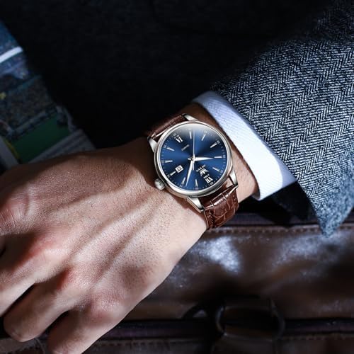 OLEVS Mens Leather Watches Blue Dial Men Watches with Date Brown Leather Watch Men Easy to Read Waterproof Mens Dress Casual Wrist Watch Reloj para Hombre Roman Numerals : XQIYI: Clothing, Shoes & Jewelry - Image 6