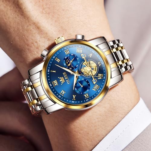 OLEVS Watch Men Original Watches for Mens Luxury Dress Business Fashion Waterproof Watch Water Resistant Roman Numbers Chronograph Stainless Steel Metal Adjustable Large Blue Faces Casual Analog Watches : XIN LINGYU: Clothing, Shoes & Jewelry - Image 3