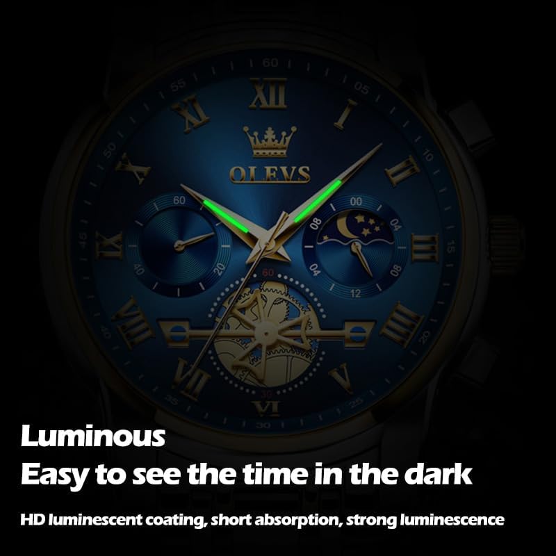 OLEVS Watch Men Original Watches for Mens Luxury Dress Business Fashion Waterproof Watch Water Resistant Roman Numbers Chronograph Stainless Steel Metal Adjustable Large Blue Faces Casual Analog Watches : XIN LINGYU: Clothing, Shoes & Jewelry - Image 5