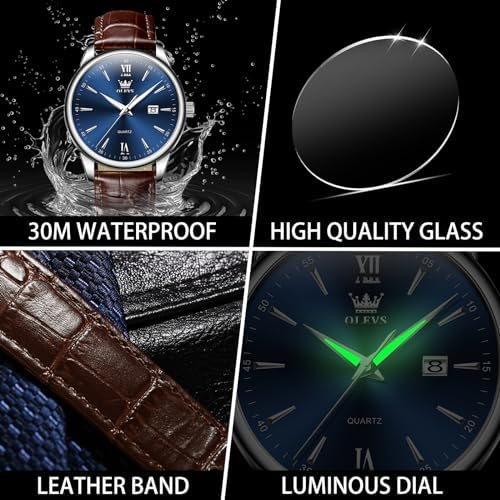 OLEVS Mens Leather Watches Blue Dial Men Watches with Date Brown Leather Watch Men Easy to Read Waterproof Mens Dress Casual Wrist Watch Reloj para Hombre Roman Numerals : XQIYI: Clothing, Shoes & Jewelry - Image 4