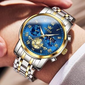OLEVS Watch Men Original Watches for Mens Luxury Dress Business Fashion Waterproof Watch Water Resistant Roman Numbers Chronograph Stainless Steel Metal Adjustable Large Blue Faces Casual Analog Watches : XIN LINGYU: Clothing, Shoes & Jewelry