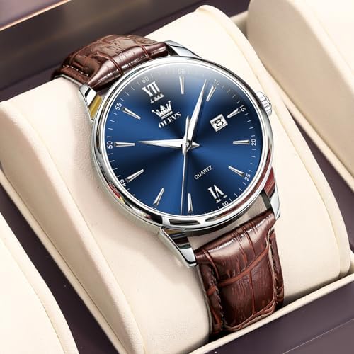 OLEVS Mens Leather Watches Blue Dial Men Watches with Date Brown Leather Watch Men Easy to Read Waterproof Mens Dress Casual Wrist Watch Reloj para Hombre Roman Numerals : XQIYI: Clothing, Shoes & Jewelry - Image 3