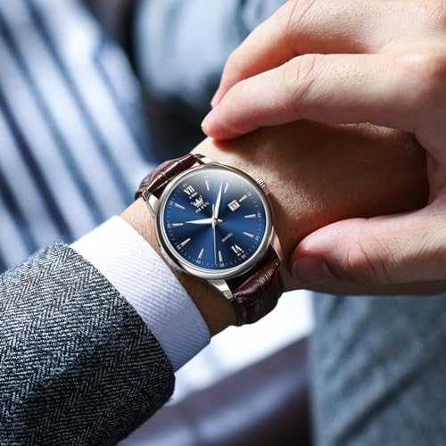 OLEVS Mens Leather Watches Blue Dial Men Watches with Date Brown Leather Watch Men Easy to Read Waterproof Mens Dress Casual Wrist Watch Reloj para Hombre Roman Numerals : XQIYI: Clothing, Shoes & Jewelry - Image 8