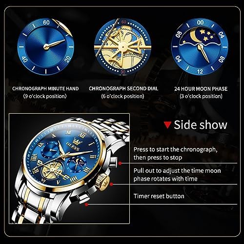 OLEVS Watch Men Original Watches for Mens Luxury Dress Business Fashion Waterproof Watch Water Resistant Roman Numbers Chronograph Stainless Steel Metal Adjustable Large Blue Faces Casual Analog Watches : XIN LINGYU: Clothing, Shoes & Jewelry - Image 6