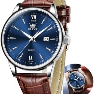 OLEVS Mens Leather Watches Blue Dial Men Watches with Date Brown Leather Watch Men Easy to Read Waterproof Mens Dress Casual Wrist Watch Reloj para Hombre Roman Numerals : XQIYI: Clothing, Shoes & Jewelry