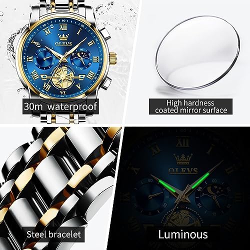 OLEVS Watch Men Original Watches for Mens Luxury Dress Business Fashion Waterproof Watch Water Resistant Roman Numbers Chronograph Stainless Steel Metal Adjustable Large Blue Faces Casual Analog Watches : XIN LINGYU: Clothing, Shoes & Jewelry - Image 8