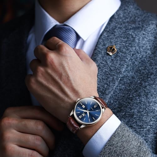 OLEVS Mens Leather Watches Blue Dial Men Watches with Date Brown Leather Watch Men Easy to Read Waterproof Mens Dress Casual Wrist Watch Reloj para Hombre Roman Numerals : XQIYI: Clothing, Shoes & Jewelry - Image 2