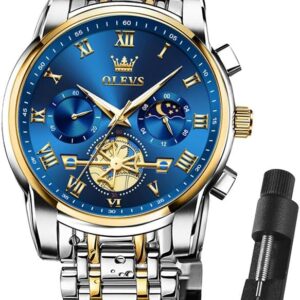 OLEVS Watch Men Original Watches for Mens Luxury Dress Business Fashion Waterproof Watch Water Resistant Roman Numbers Chronograph Stainless Steel Metal Adjustable Large Blue Faces Casual Analog Watches : XIN LINGYU: Clothing, Shoes & Jewelry