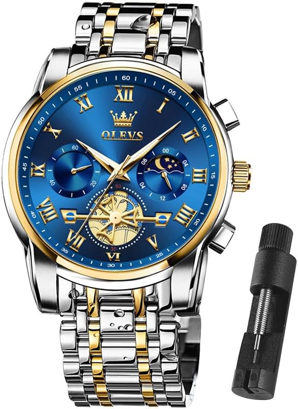 OLEVS Watch Men Original Watches for Mens Luxury Dress Business Fashion Waterproof Watch Water Resistant Roman Numbers Chronograph Stainless Steel Metal Adjustable Large Blue Faces Casual Analog Watches : XIN LINGYU: Clothing, Shoes & Jewelry
