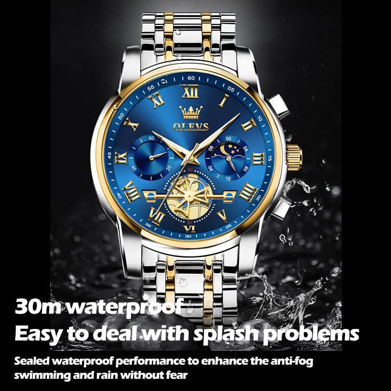 OLEVS Watch Men Original Watches for Mens Luxury Dress Business Fashion Waterproof Watch Water Resistant Roman Numbers Chronograph Stainless Steel Metal Adjustable Large Blue Faces Casual Analog Watches : XIN LINGYU: Clothing, Shoes & Jewelry - Image 4