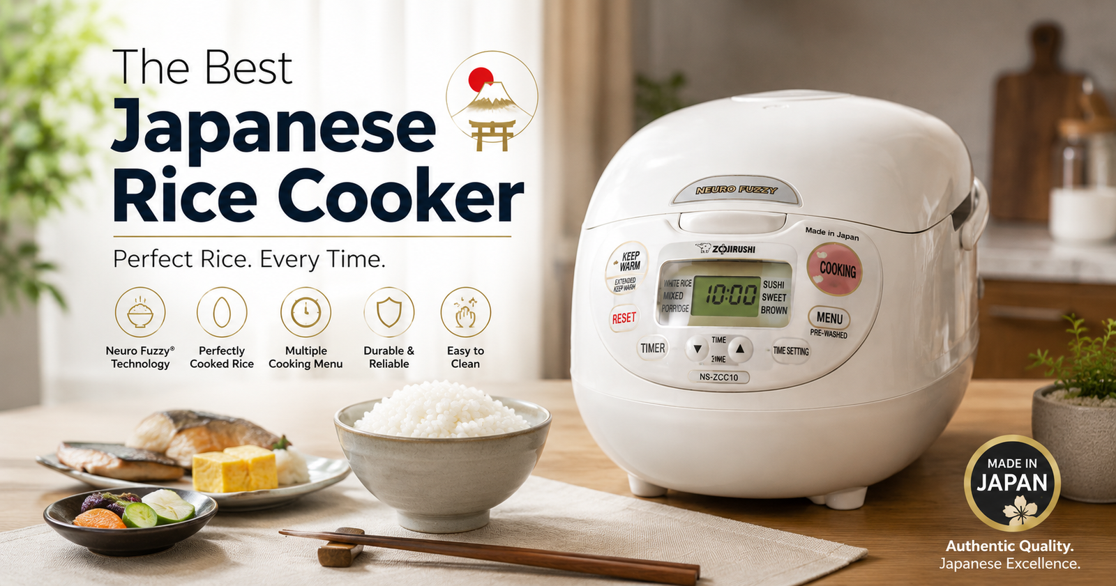 Zojirushi NS-ZCC10 Neuro Fuzzy Japanese Rice Cooker on a kitchen table next to a bowl of fluffy white rice and a traditional Japanese meal, featuring key benefits like Neuro Fuzzy technology and a Made in Japan authentic quality badge.